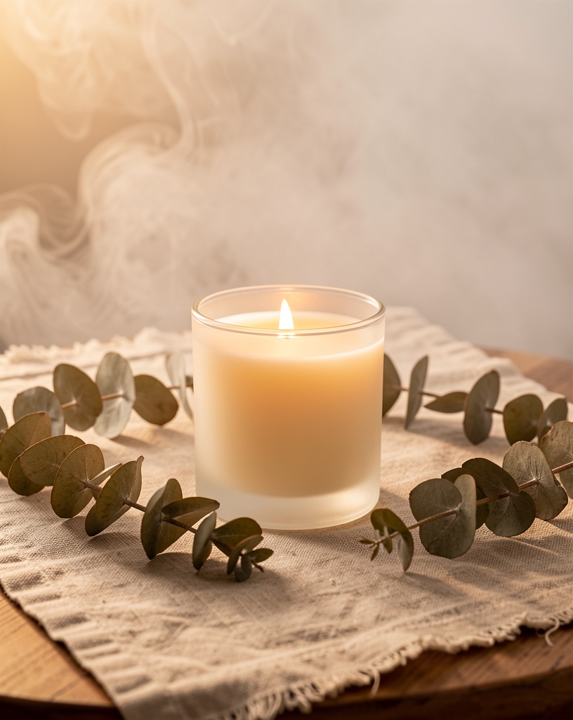 Soy candle on a linen runner with eucalyptus