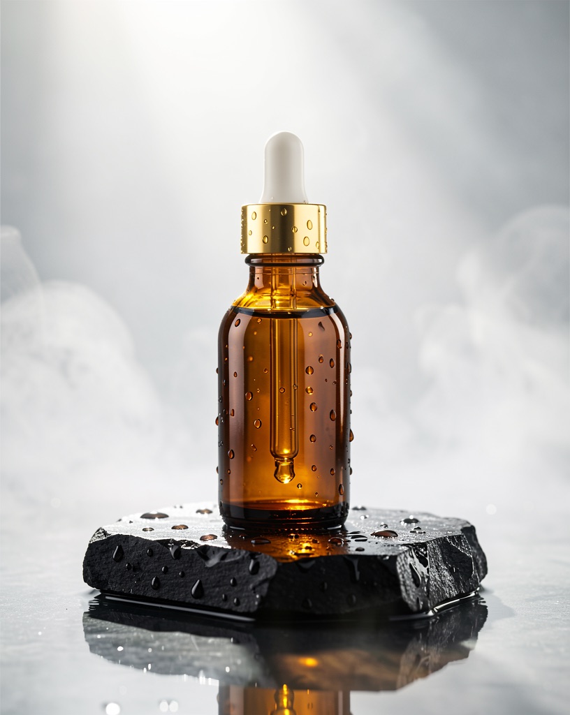 Amber serum bottle on wet black stone